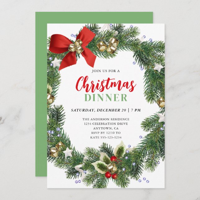 Invitación Elegante Fiesta de Cena de Navidades Wreath (Anverso / Reverso)