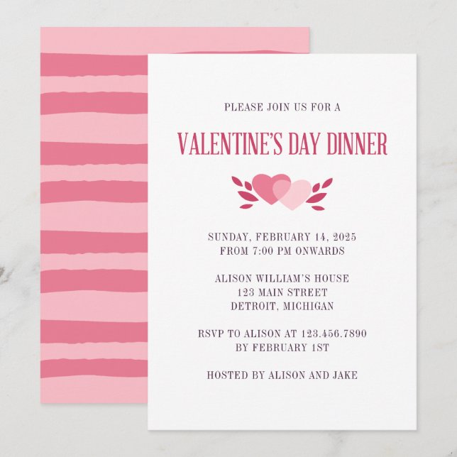 Invitación Elegante Fiesta de cena de San Valentín de dos cor (Anverso / Reverso)
