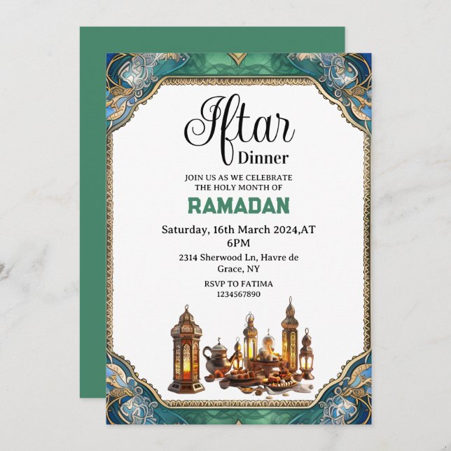 Invitación Elegante fiesta de cena Iftar Ramadan 2025 (Anverso / Reverso)