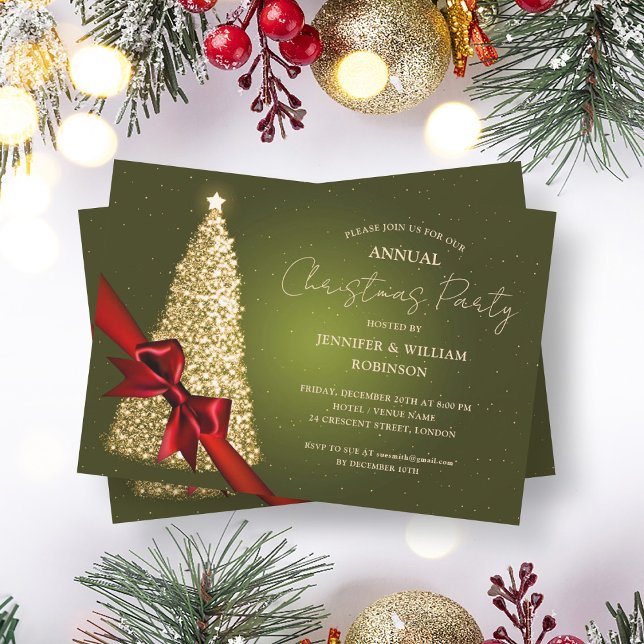 Invitación Elegante Fiesta de Cinta de Cintas de Cintas de Ci (Elegant Gold Green Xmas Tree Ribbon Holiday Party Invitation)
