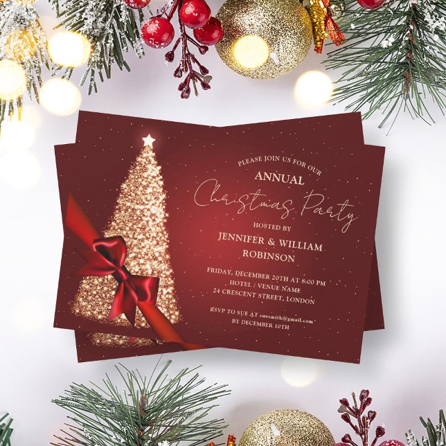 Invitación Elegante Fiesta de Cinta de Cintas de Cintas de Ci (Elegant Gold Red Xmas Tree Ribbon Holiday Party Invitation)