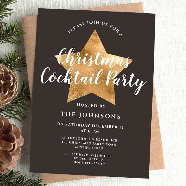Invitación Elegante Fiesta de Cocktail de Navidad con Estrell (Elegant Brown Gold Star Christmas Cocktail Party Invitation)