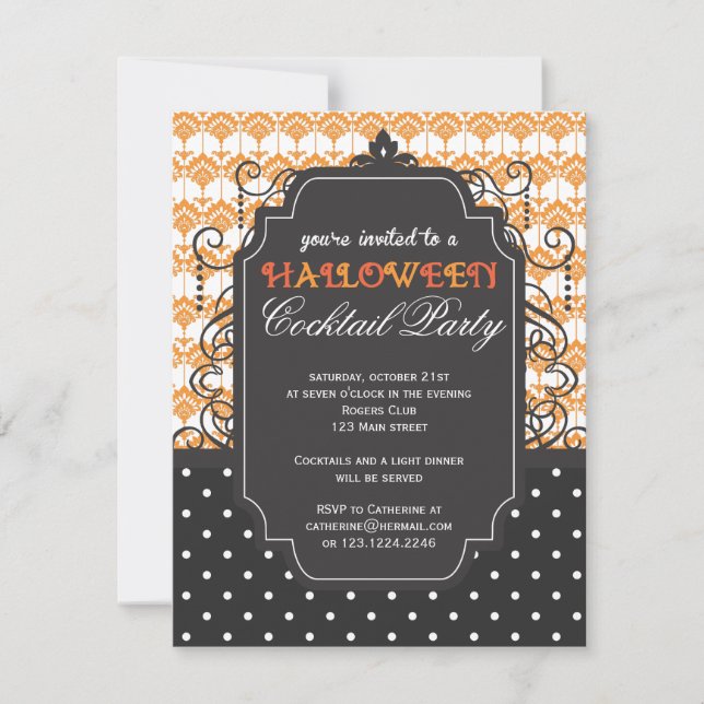 Invitación Elegante Fiesta de cócteles de Halloween en Damask (Anverso)