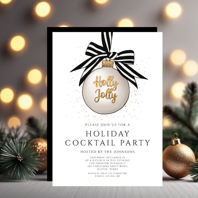 Invitación Elegante Fiesta de cócteles del Black Gold Holiday (Elegant Black White Gold Holiday Cocktail Party Invitation)