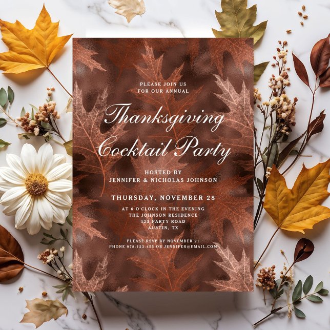 Invitación Elegante Fiesta de cócteles del día de Acción de G (Modern Fall Leaves Thanksgiving Dinner Invitation)