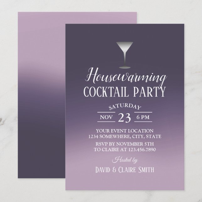 Invitación Elegante Fiesta de cócteles Purple Ombre (Anverso / Reverso)