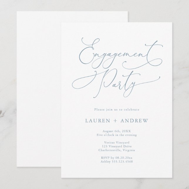 Invitación Elegante fiesta de compromiso azul turbio (Anverso / Reverso)