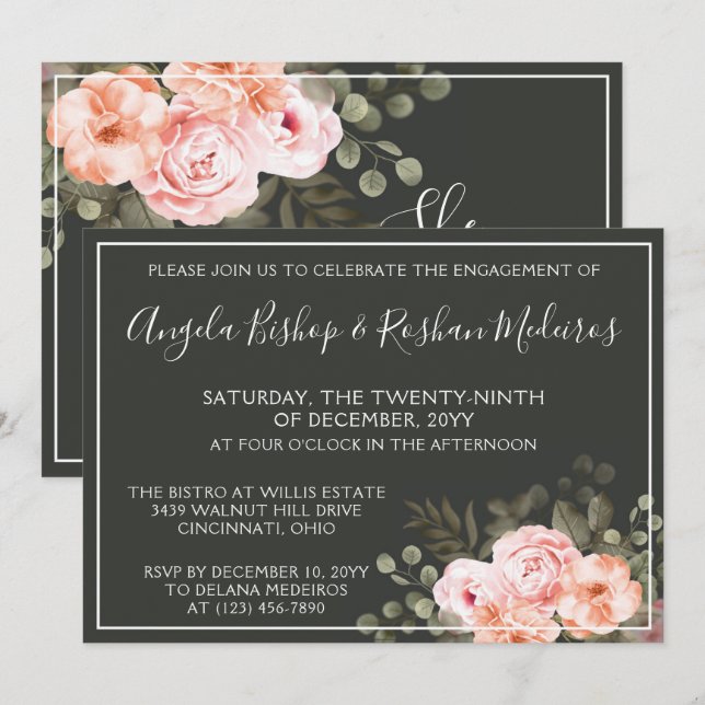 Invitación Elegante fiesta de compromiso botánico de Rubor fl (Anverso / Reverso)