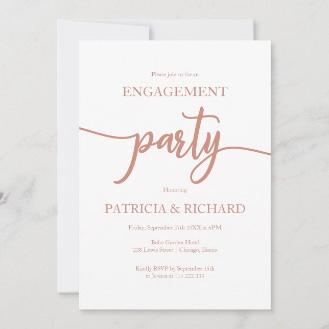 Invitación Elegante fiesta de compromiso con caligrafía en ro (Anverso)