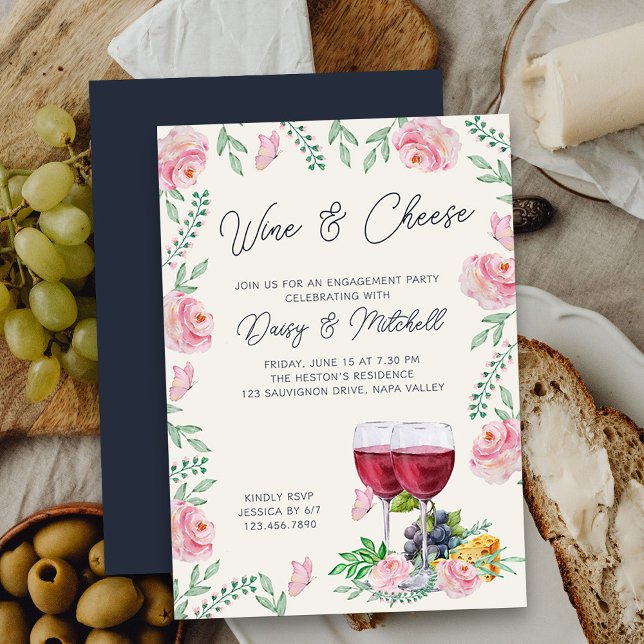 Invitación Elegante fiesta de compromiso con el vino y el que (Wine and Cheese Engagement Party Invitation - casual, elegant and pretty)