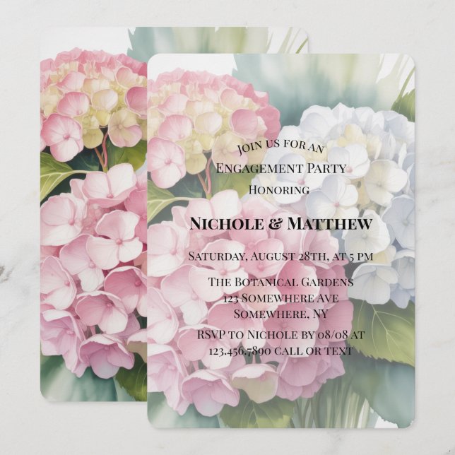 Invitación Elegante fiesta de compromiso con hortensias en ac (Anverso / Reverso)