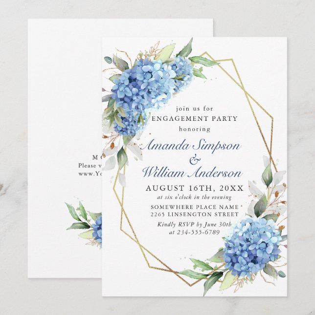Invitación Elegante fiesta de compromiso de acuarela azul Hyd (Anverso / Reverso)