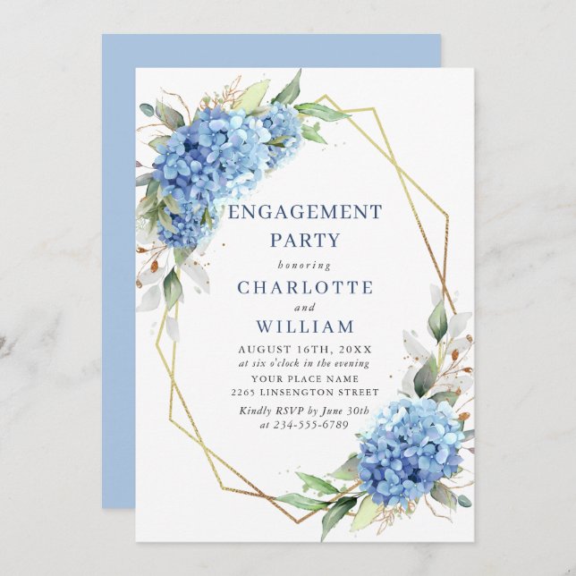Invitación Elegante fiesta de compromiso de acuarela azul Hyd (Anverso / Reverso)