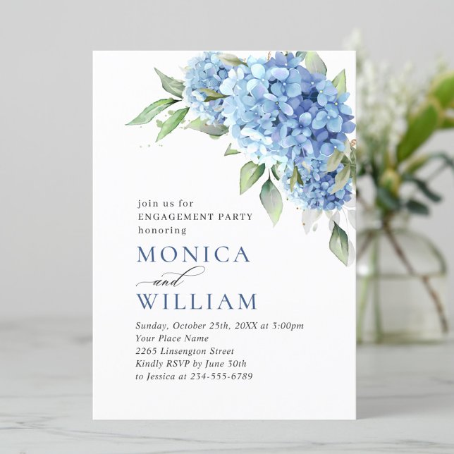 Invitación Elegante fiesta de compromiso de acuarela azul Hyd (Subido por el creador)