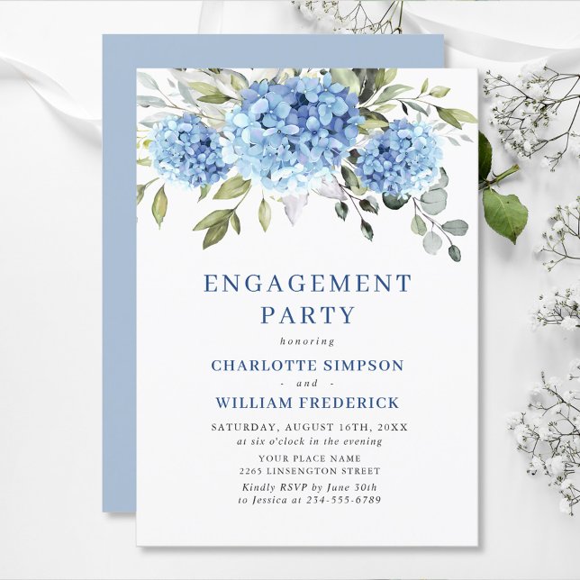Invitación Elegante fiesta de compromiso de acuarela azul Hyd (Subido por el creador)