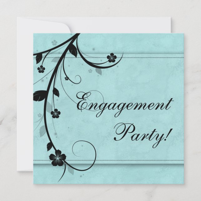 Invitación Elegante fiesta de compromiso de boda floral negro (Anverso)