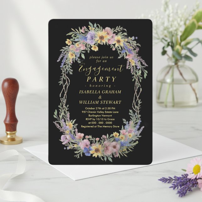 Invitación Elegante fiesta de compromiso de boho negro con fl (Subido por el creador)