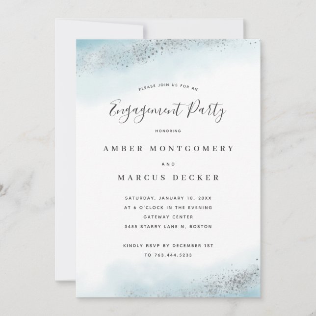 Invitación Elegante fiesta de compromiso de cuento azul plate (Anverso)