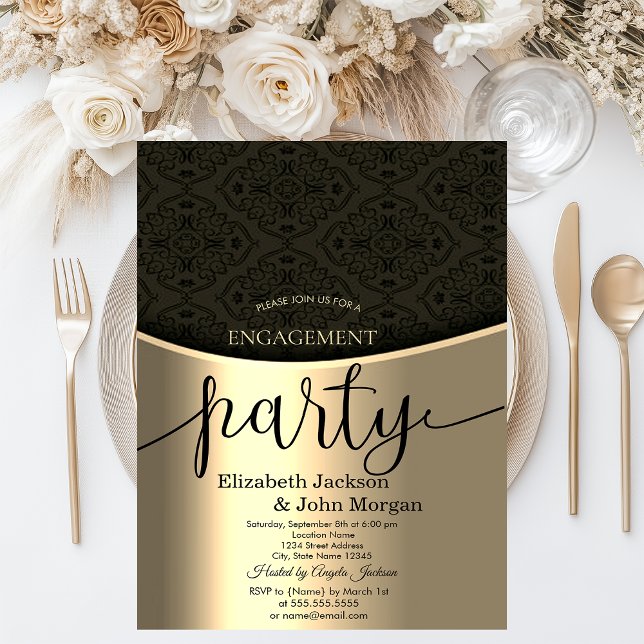 Invitación Elegante fiesta de compromiso de damasco negro en  (Subido por el creador)