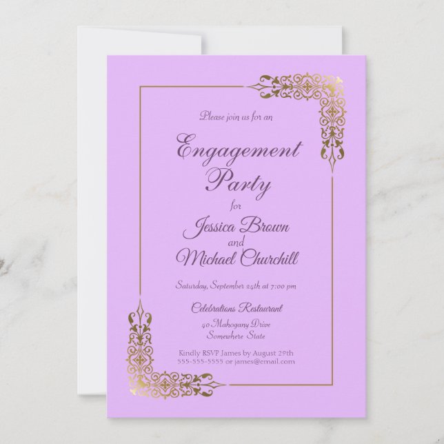 Invitación Elegante fiesta de compromiso de encaje de oro ros (Anverso)