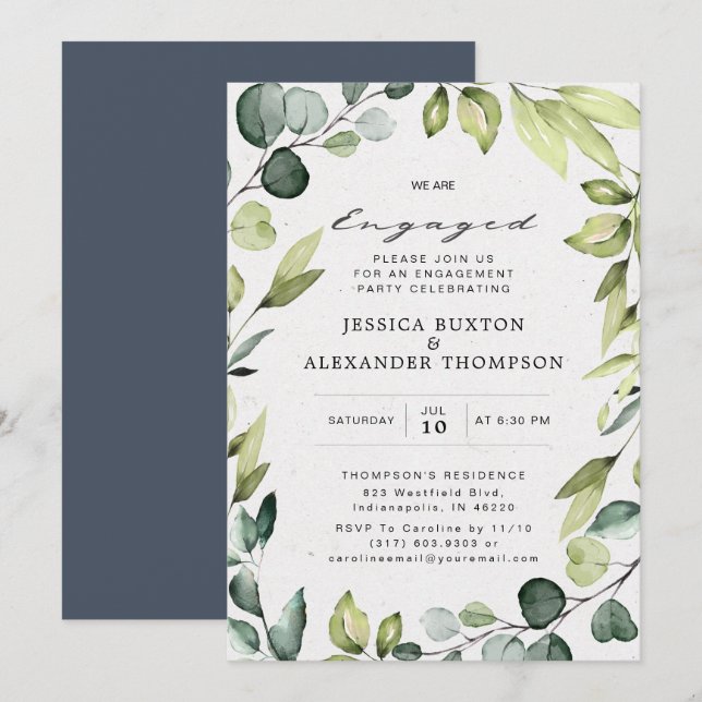 Invitación Elegante fiesta de compromiso de Eucalyptus Greene (Anverso / Reverso)