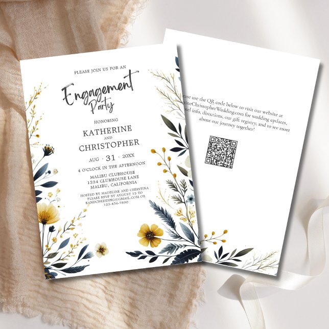 Invitación Elegante fiesta de compromiso de flores silvestres (Elegant Wildflowers Wedding Engagement Party Invitation with Watercolor Flowers in  Blue and Yellow.)