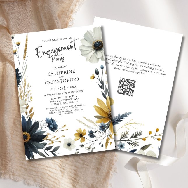 Invitación Elegante fiesta de compromiso de flores silvestres (Watercolor Wildflowers Engagement Party Invitation with Blue & Yellow Wildflowers, modern typography)