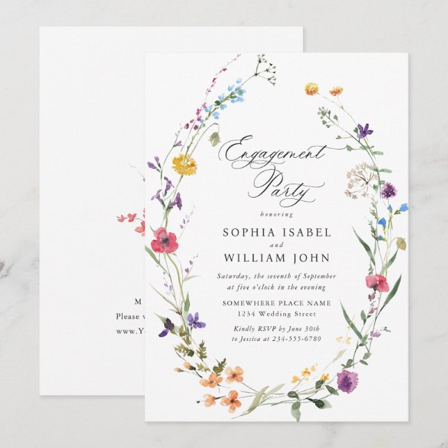 Invitación Elegante FIESTA DE COMPROMISO de Flores Silvestres (Anverso / Reverso)