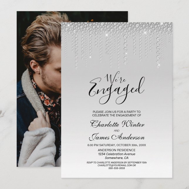 Invitación Elegante fiesta de compromiso de fotos de diamante (Anverso / Reverso)