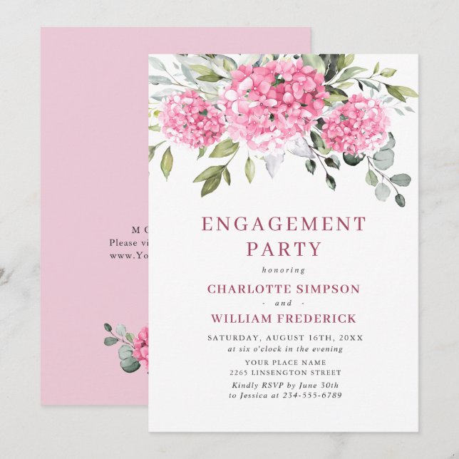 Invitación Elegante fiesta de compromiso de hidrangea rosa ac (Anverso / Reverso)