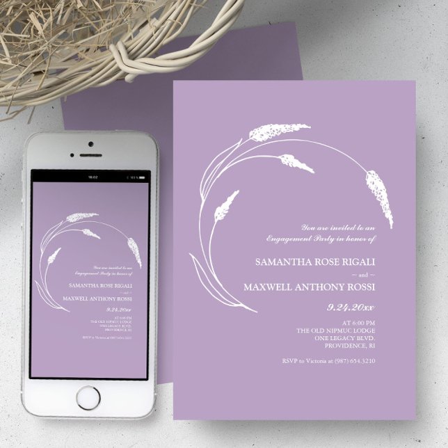 Invitación Elegante fiesta de compromiso de lavanda moderna (Wedding invitations feature minimalistic lavender line art Victoria Grigaliunas of Do Tell A Belle)