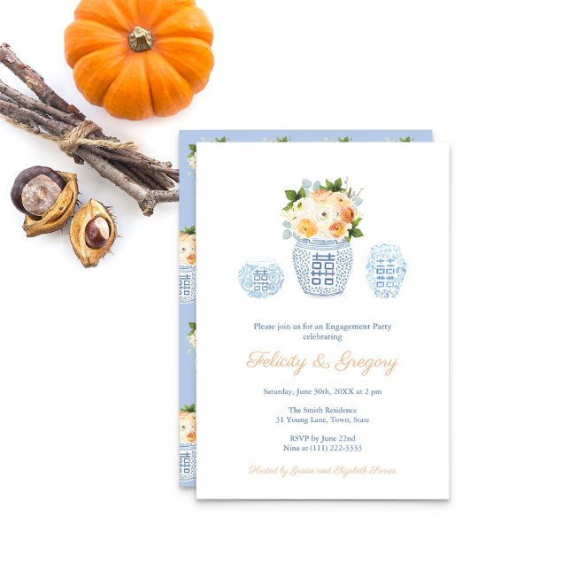 Invitación Elegante fiesta de compromiso de Naranja de flores (Elegant engagement party invitation featuring a ginger jar filled with autumn flowers and pumpkins)