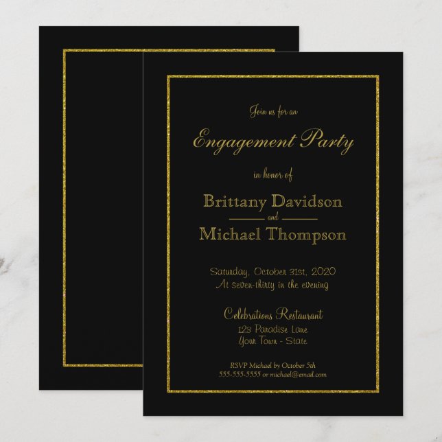 Invitación Elegante fiesta de compromiso de oro negro (Anverso / Reverso)