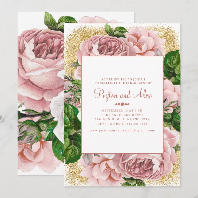 Invitación Elegante fiesta de compromiso de Purpurinas de oro (Anverso / Reverso)