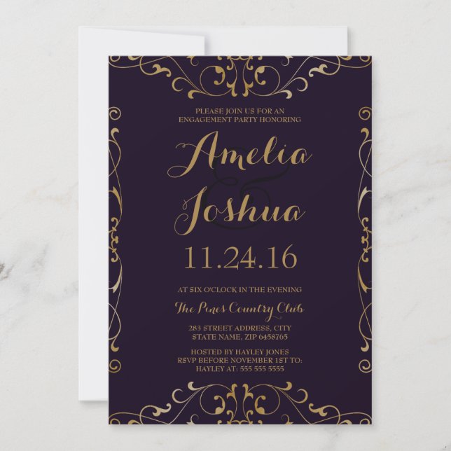 Invitación Elegante fiesta de compromiso de Swirl Purple Gold (Anverso)