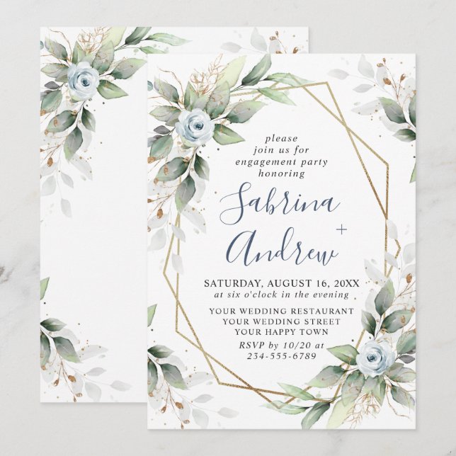 Invitación Elegante fiesta de compromiso de verde azul polvor (Anverso / Reverso)