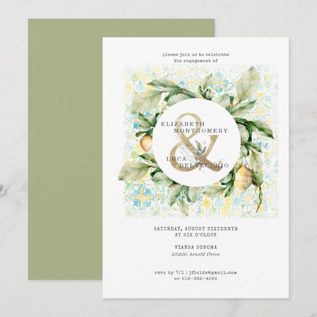 Invitación Elegante fiesta de compromiso en el jardín de limo (Anverso / Reverso)