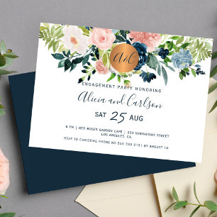 Invitación Elegante fiesta de compromiso en monograma azul ma