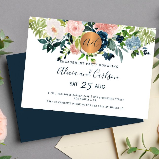 Invitación Elegante fiesta de compromiso en monograma azul ma (Subido por el creador)
