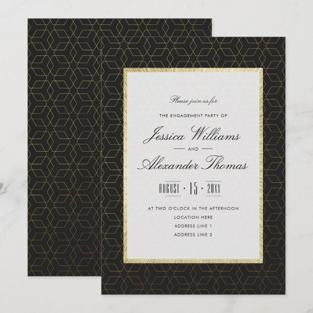 Invitación Elegante fiesta de compromiso en oro y negro (Anverso / Reverso)