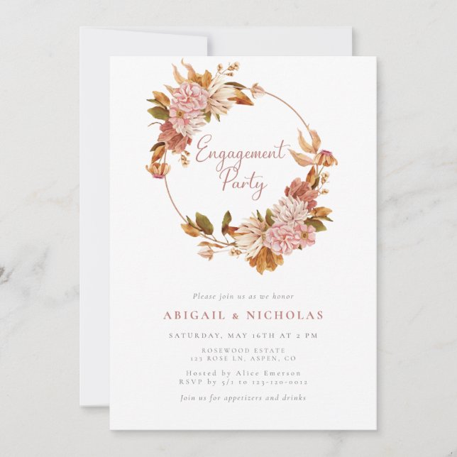 Invitación Elegante fiesta de compromiso floral acuarela (Anverso)