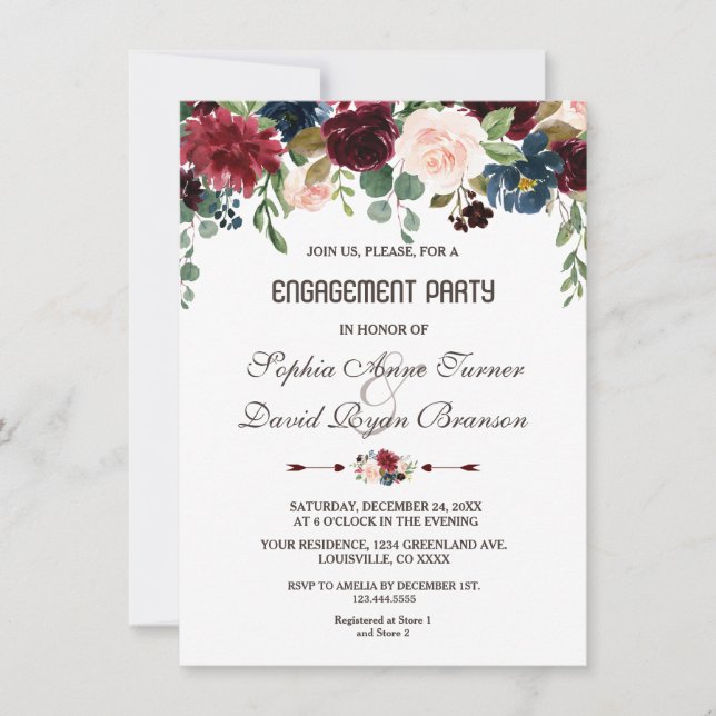 Invitación Elegante fiesta de compromiso floral azul de la ma (Anverso)