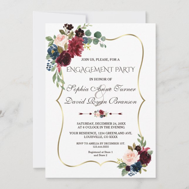 Invitación Elegante fiesta de compromiso floral azul de la ma (Anverso)