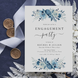 Invitación Elegante fiesta de compromiso floral de color azul