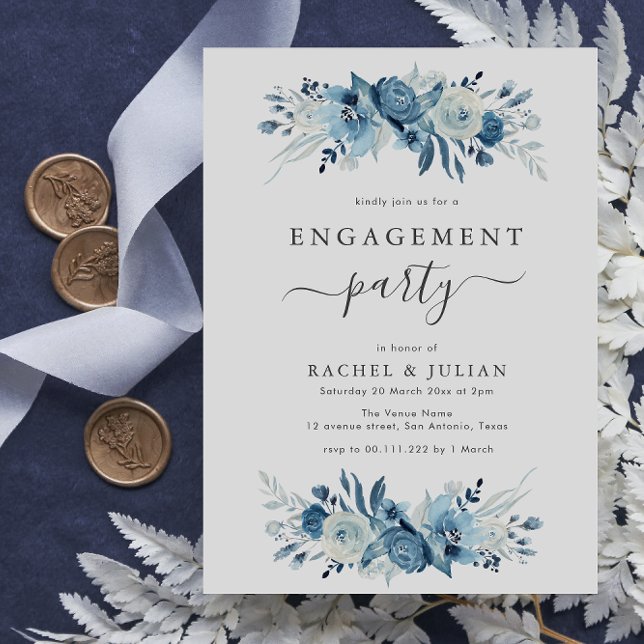 Invitación Elegante fiesta de compromiso floral de color azul (Subido por el creador)
