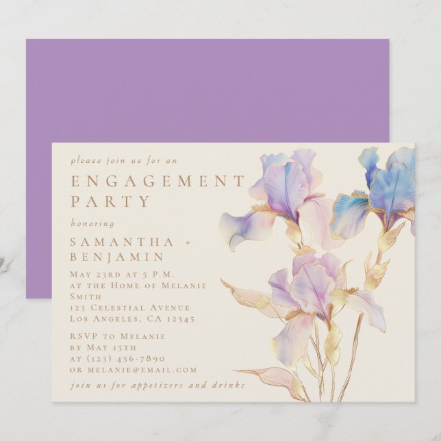 Invitación Elegante fiesta de compromiso floral de Iris (Anverso / Reverso)