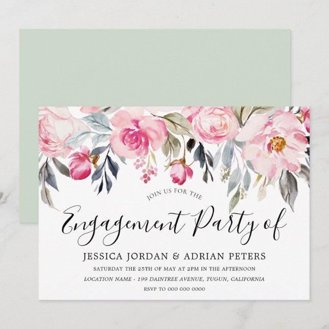 Invitación Elegante fiesta de compromiso floral de Rubor y Gr (Anverso / Reverso)
