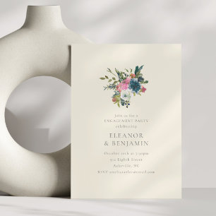 Invitación Elegante fiesta de compromiso floral en azul marin