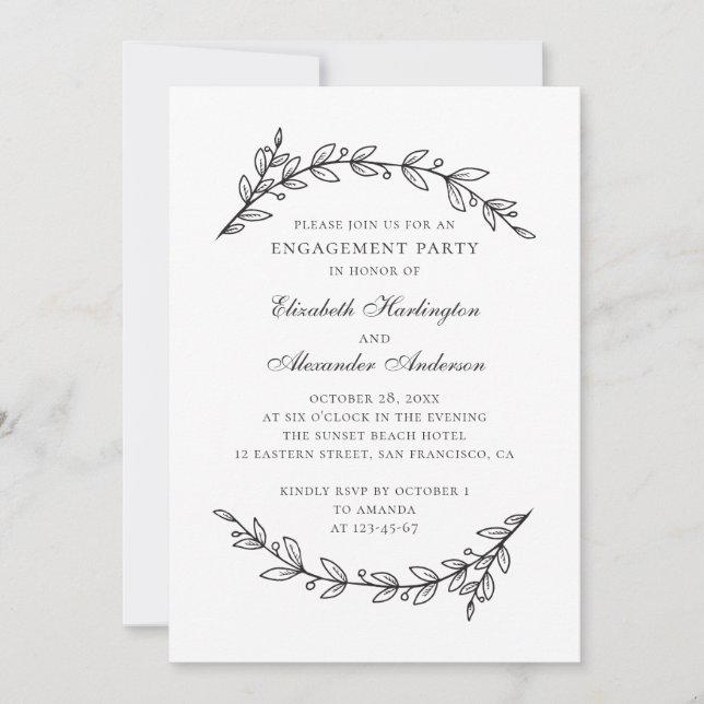 Invitación Elegante fiesta de compromiso floral en blanco y n (Anverso)