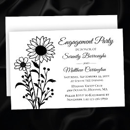 Invitación Elegante fiesta de compromiso floral en blanco y n